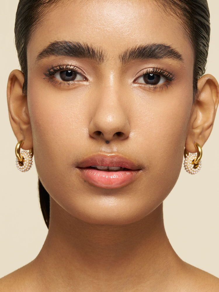 Pearl Beaded Double Hoop Earrings Silver