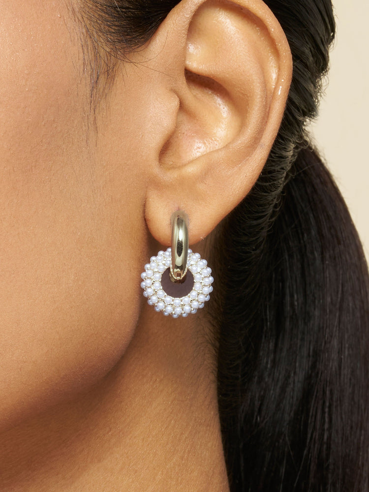 Pearl Beaded Double Hoop Earrings Silver