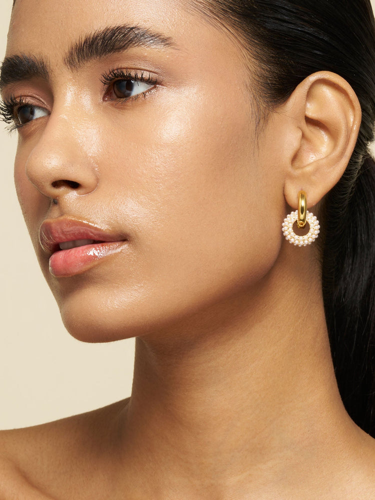 Pearl Beaded Double Hoop Earrings Gold