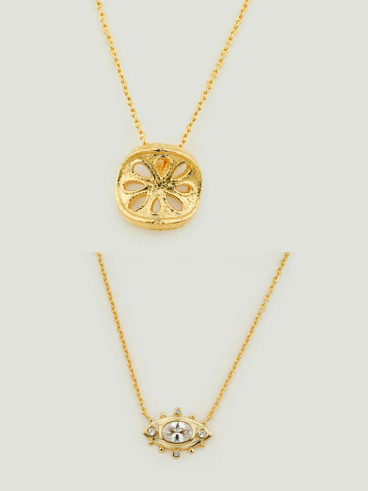 Lotus Coin & Solar Eye Necklace Stack Lotus Coin & Solar Eye Necklace Stack