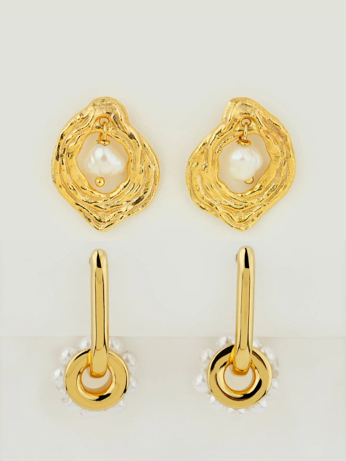 Oyster Pearl Dangle & Block Pearl Hoop Earring Stack