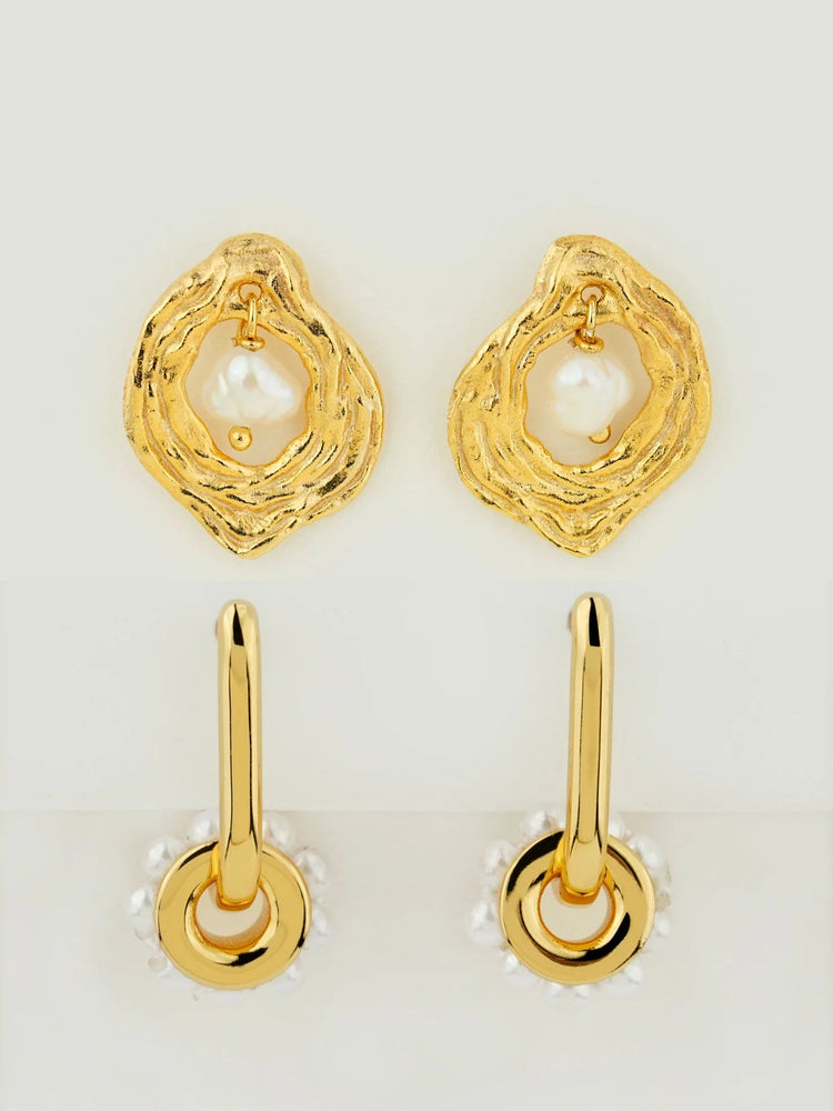 Oyster Pearl Dangle & Block Pearl Hoop Earring Stack