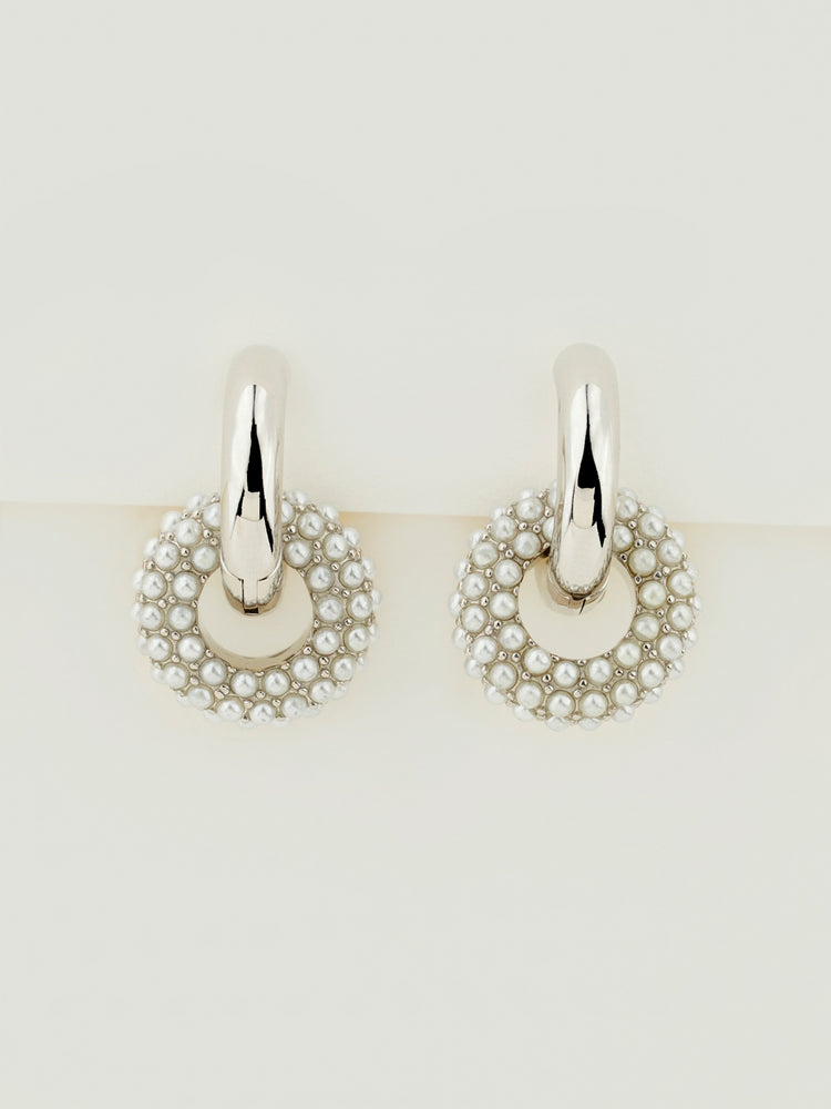 Pearl Beaded Double Hoop Earrings Silver
