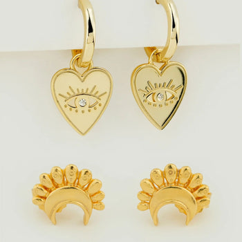Evil Eye Heart Dangle Hoop & Solar Moon Stud Earring Stack