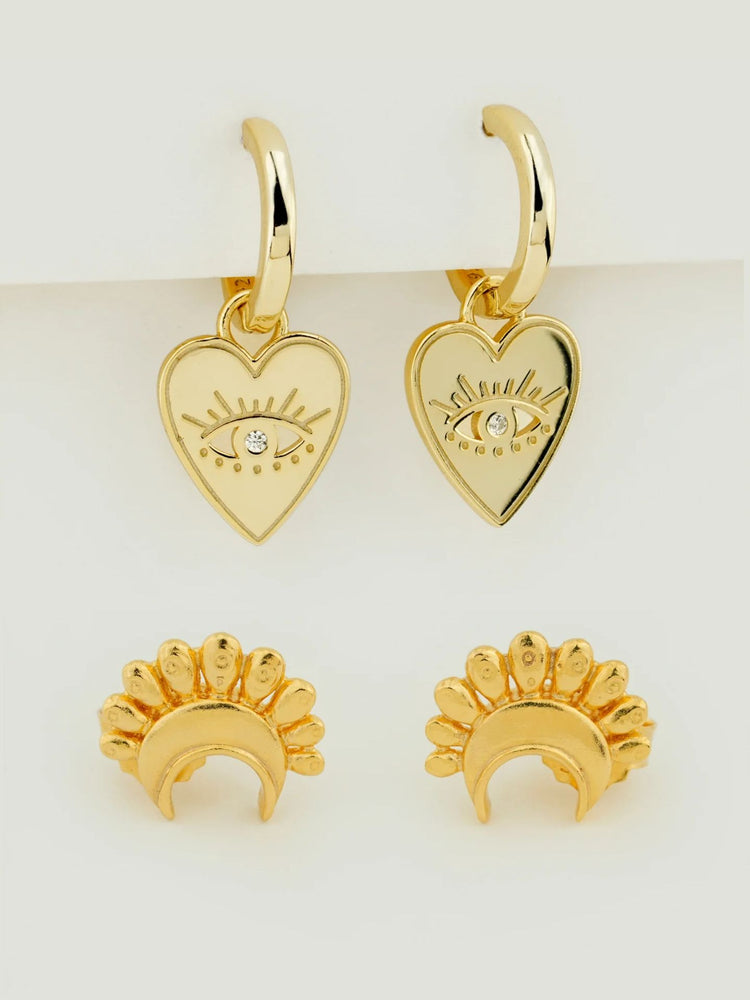 Evil Eye Heart Dangle Hoop & Solar Moon Stud Earring Stack
