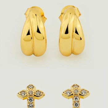 Overlap Hoop & Medieval Cross Huggie Earring Stack