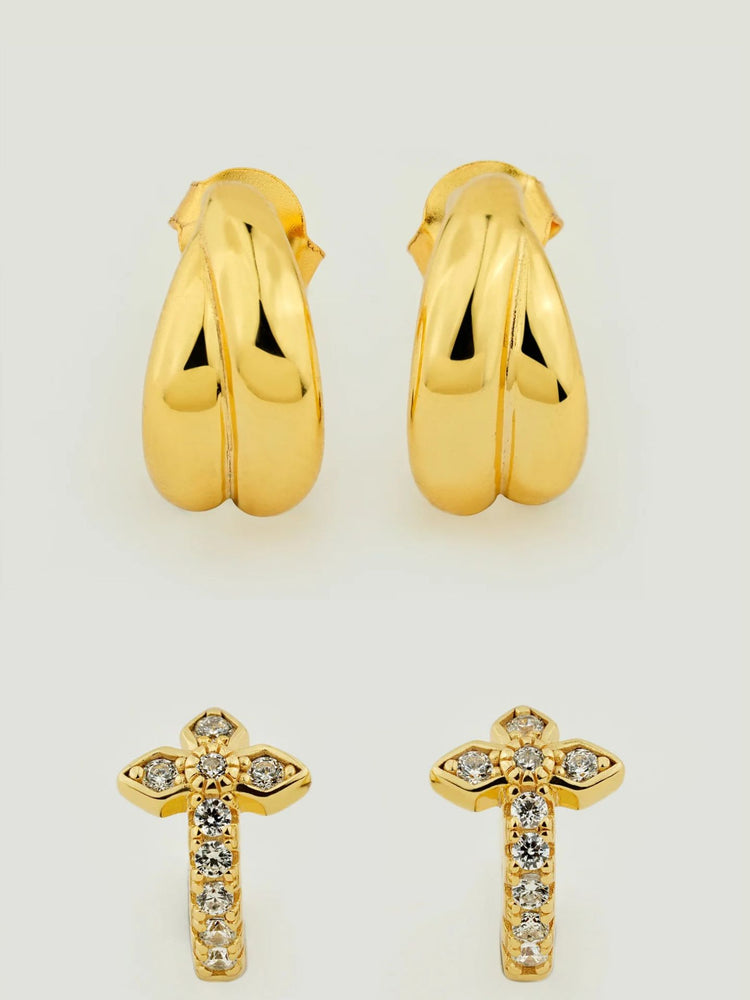 Overlap Hoop & Medieval Cross Huggie Earring Stack